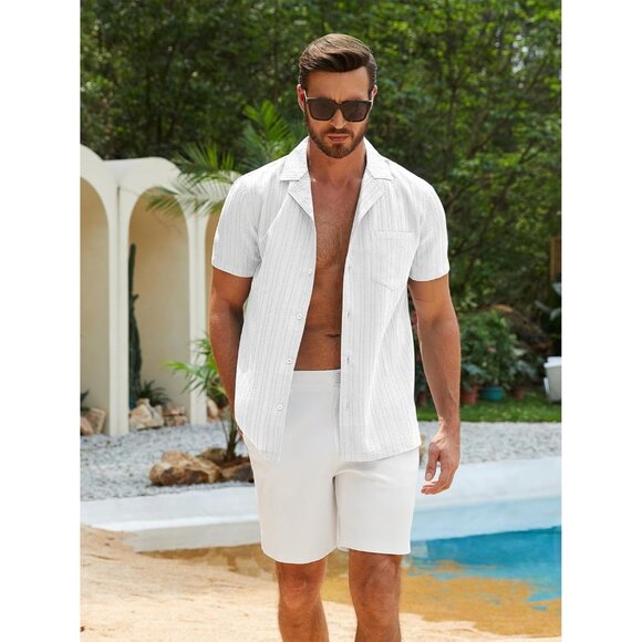 Men White Casual Cuban Lightweight Short Sleeve Button Down Shirt Textured Beach - Picture 5 of 9
